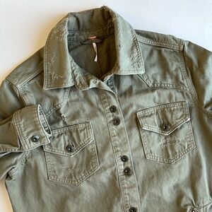 Free People Green Distressed Oversized Denim Military Jacket Women’s‎ Small New